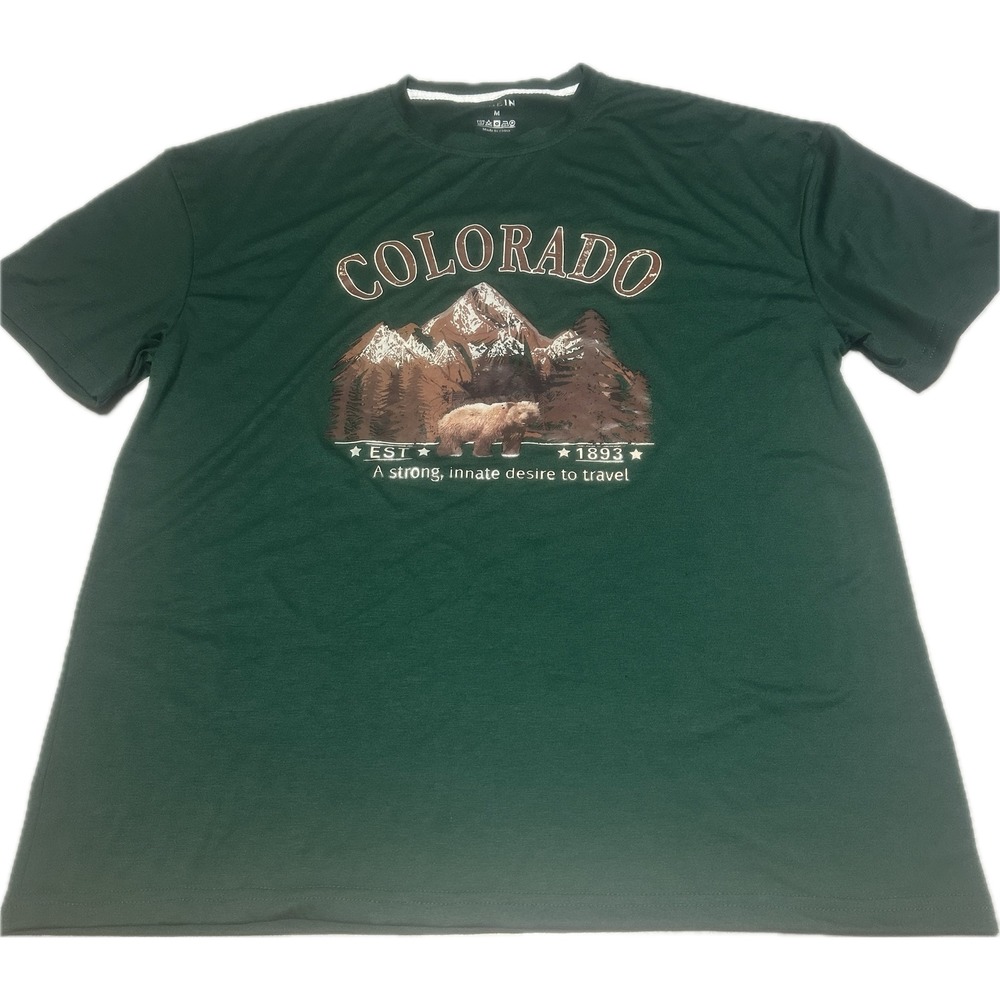 SHEIN Mens M Colorado Mountain Bear Graphic T-Shirt Dark Green Travel Outdoors
